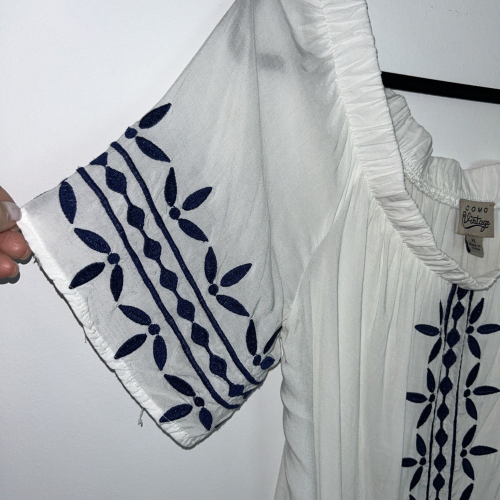 Como Vintage White Boho Women's XL Short Sleeve Navy Embroidered Stitching - Picture 4 of 7